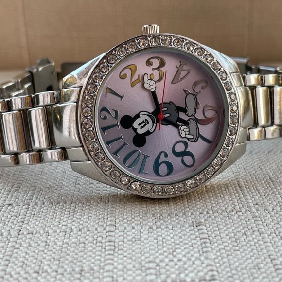 Disney Accutime Women Wristwatch Silver Tone Pink Face Quartz Watch - Picture 10 of 12